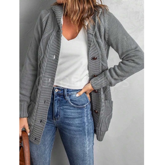 Sherpa Grey Knit Hooded Cardigan Front Pockets Long Sleeves Hip Length Buttoned - Picture 4 of 17